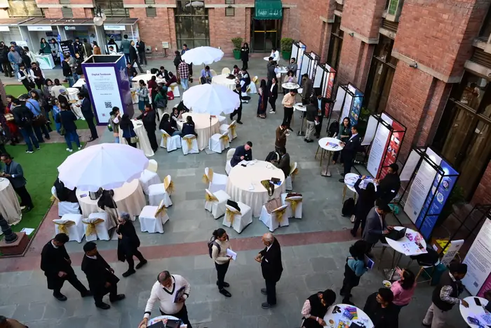 Attendees networking in the courtyard at the awards
